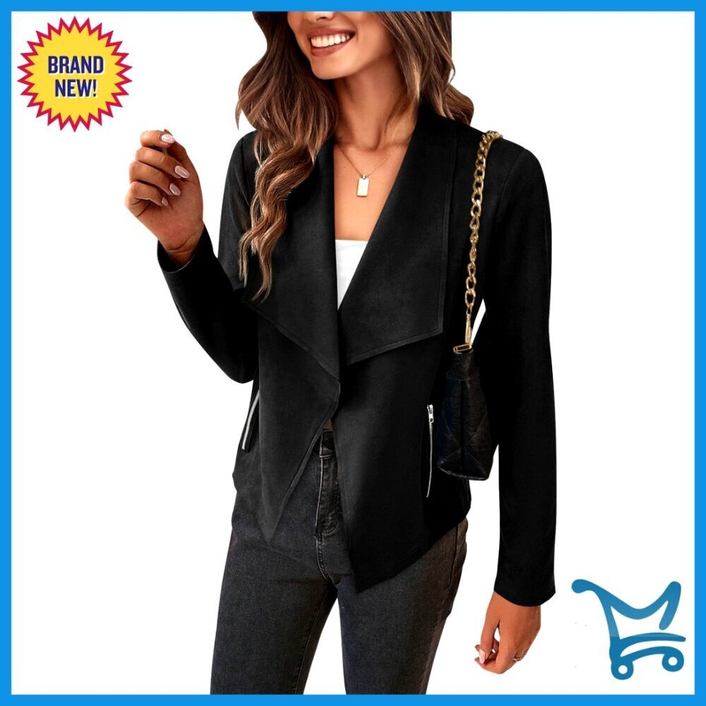 Faux Suede Cropped Jacket Open Front Waterfall Collar Chic Casual Outerwear
